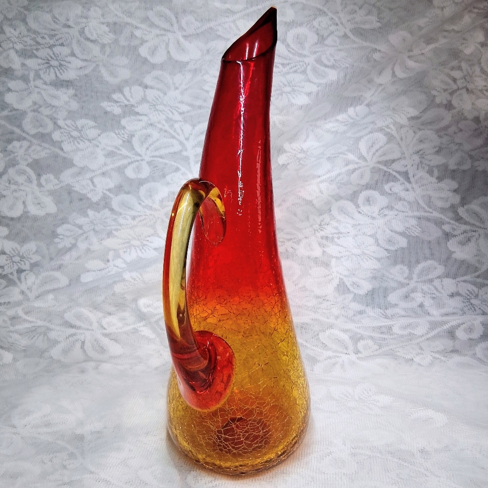 Vintage Amberina Crackle Glass Pitcher MCM Hand-Blown Art Glass 12" - Picture 7 of 16